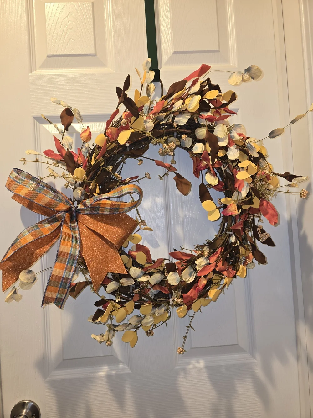 Autumn Harvest Fall Wreath with Orange Plaid Bow